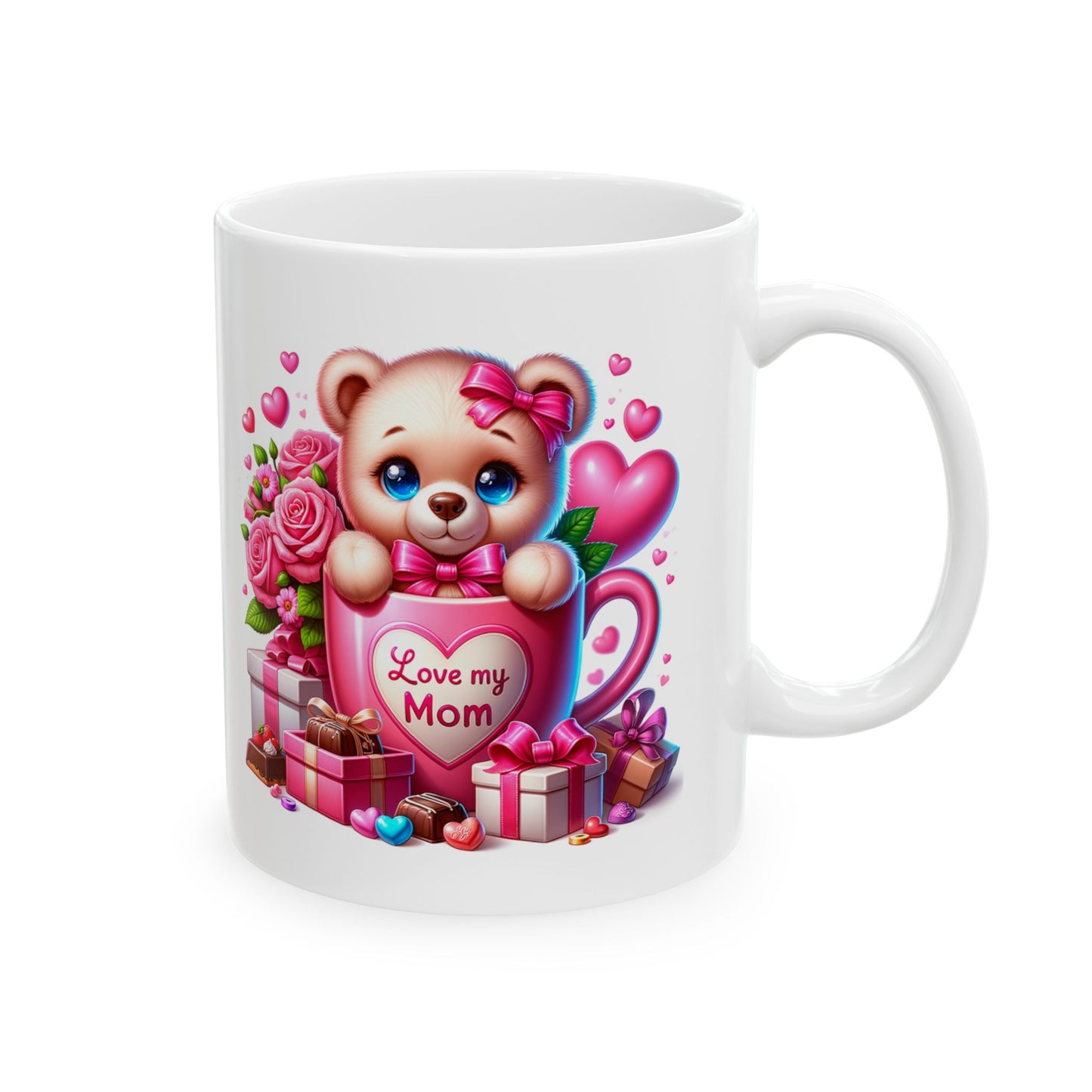 Valentine Teddy Bear Ceramic Mug — Cute Hearts, Roses & Gift Box 11oz/15oz