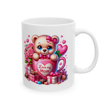 Valentine Teddy Bear Ceramic Mug — Cute Hearts, Roses & Gift Box 11oz/15oz