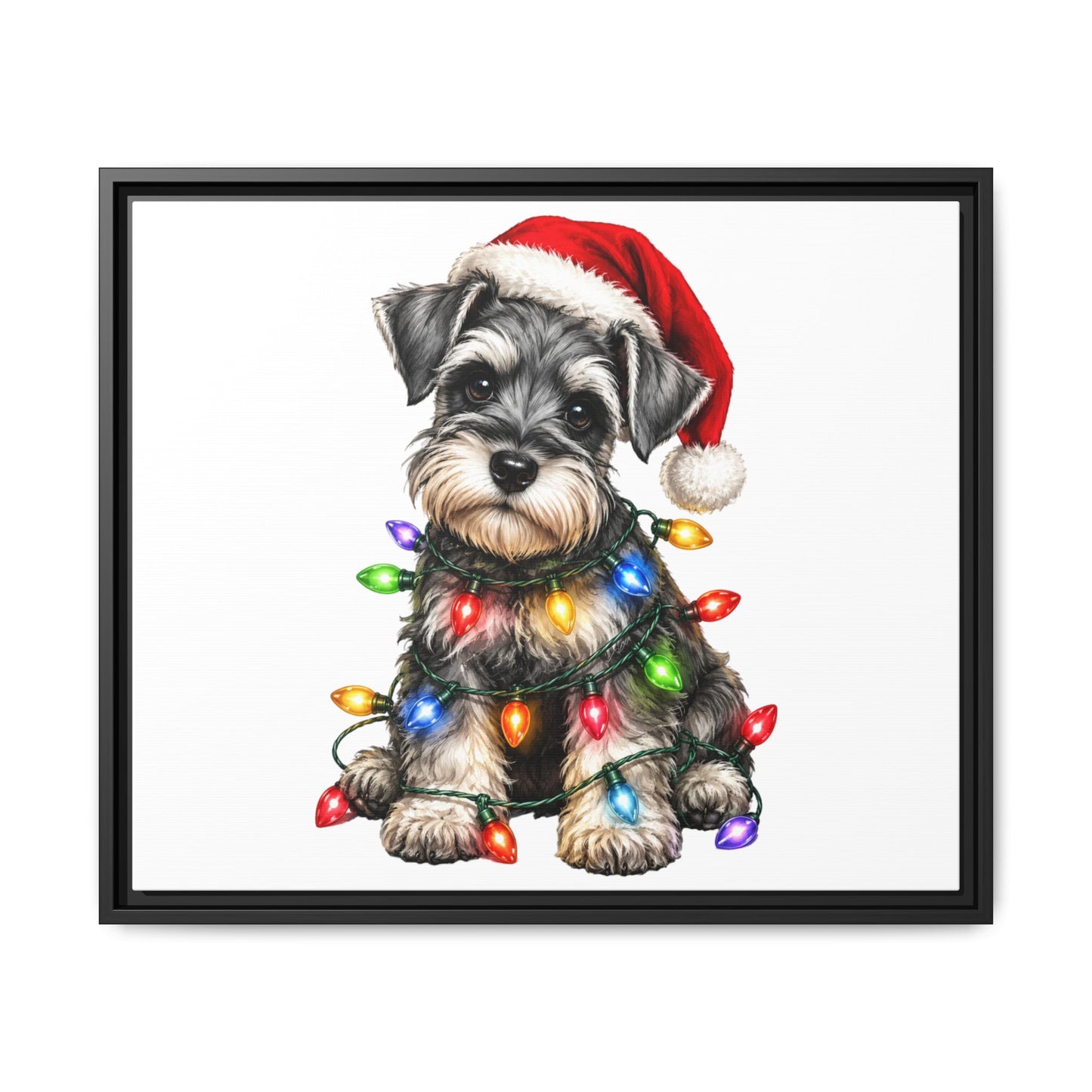 Holiday Schnauzer Canvas Print — Framed Matte Wall Art with Christmas Lights