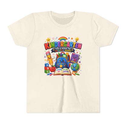 Kindergarten Kids T‑Shirt — 'Kindergarten: This Is Where the Fun Begins' Colorful Back-to-School Tee