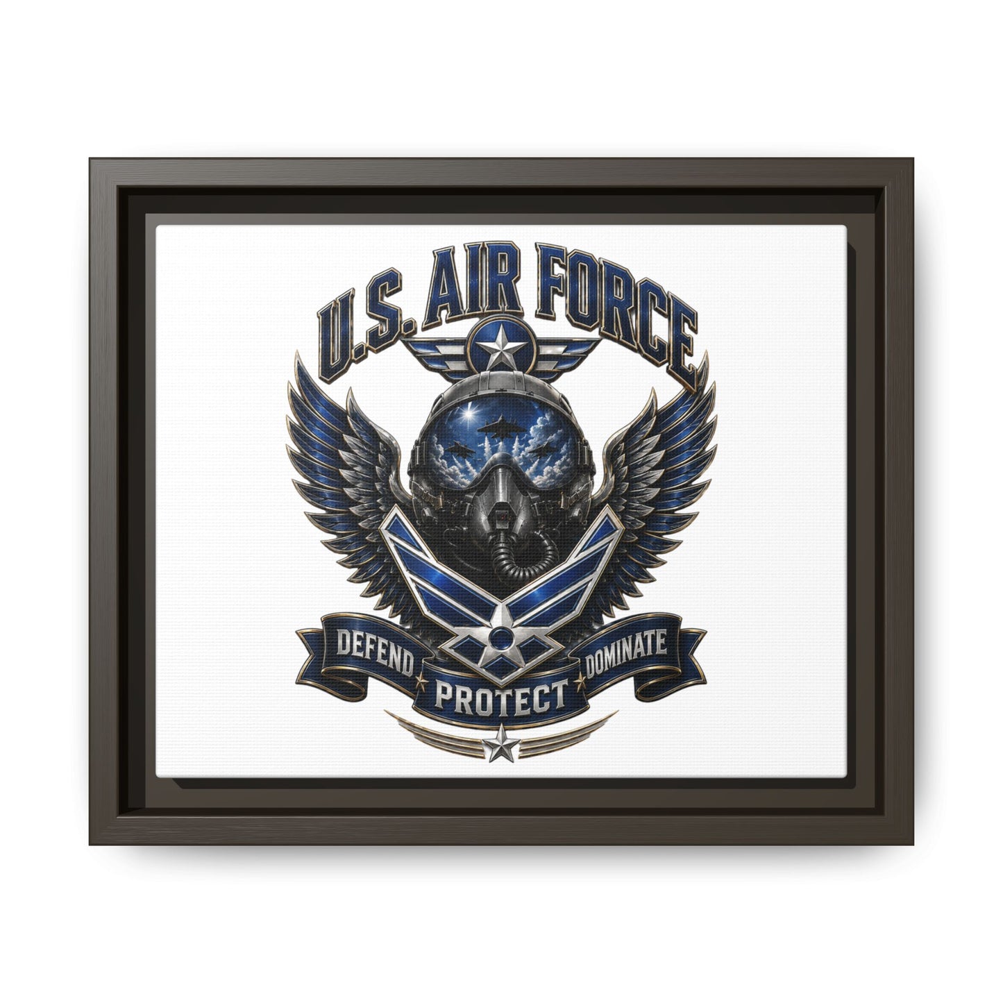 U.S. Air Force Emblem Framed Canvas Print – "Defend Protect Dominate" Military Wall Art