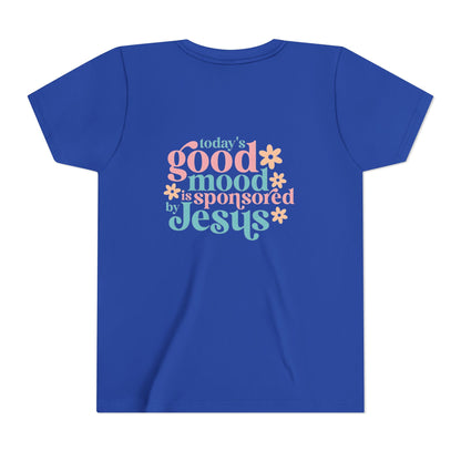 Youth Tee – "Today's Good Mood is Sponsored by Jesus" Retro Floral Christian Shirt