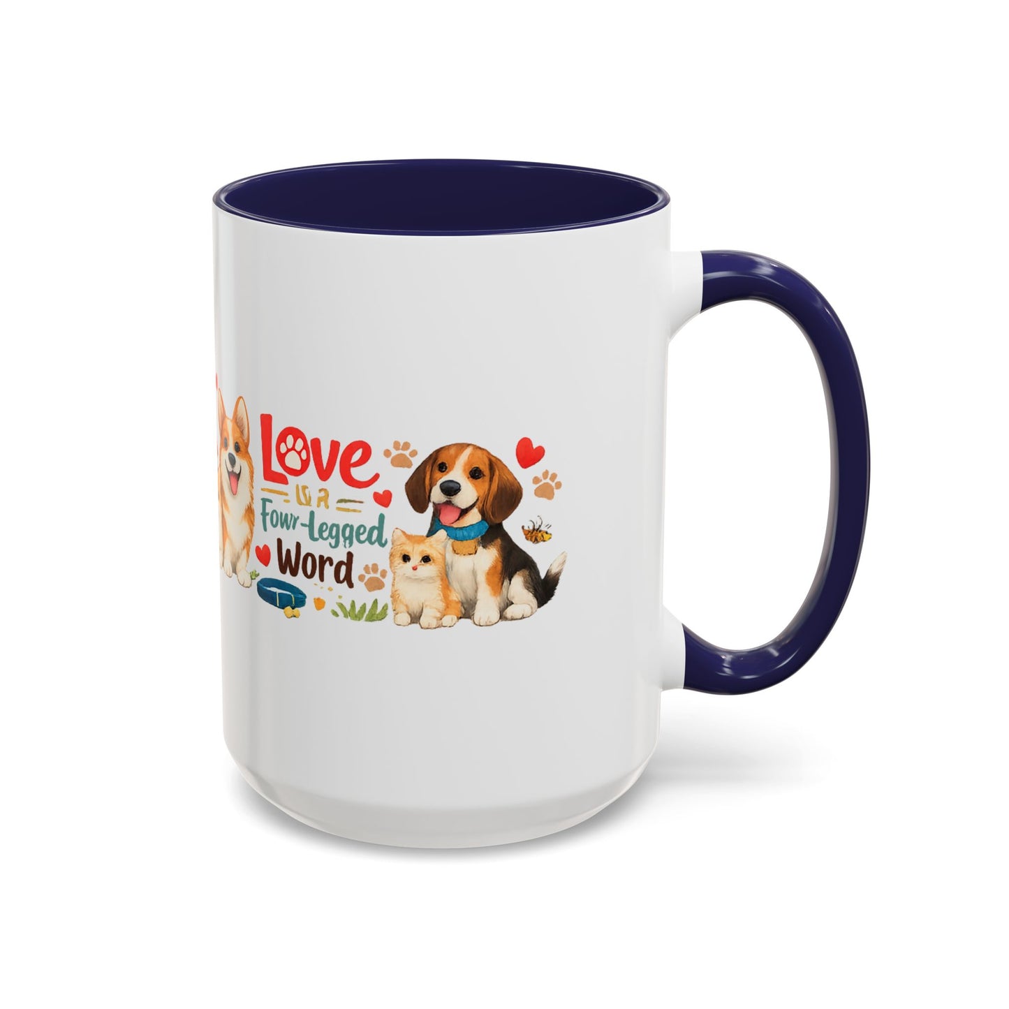 Dog Lover Accent Coffee Mug — “Love is a Four-Legged Word” Ceramic Gift