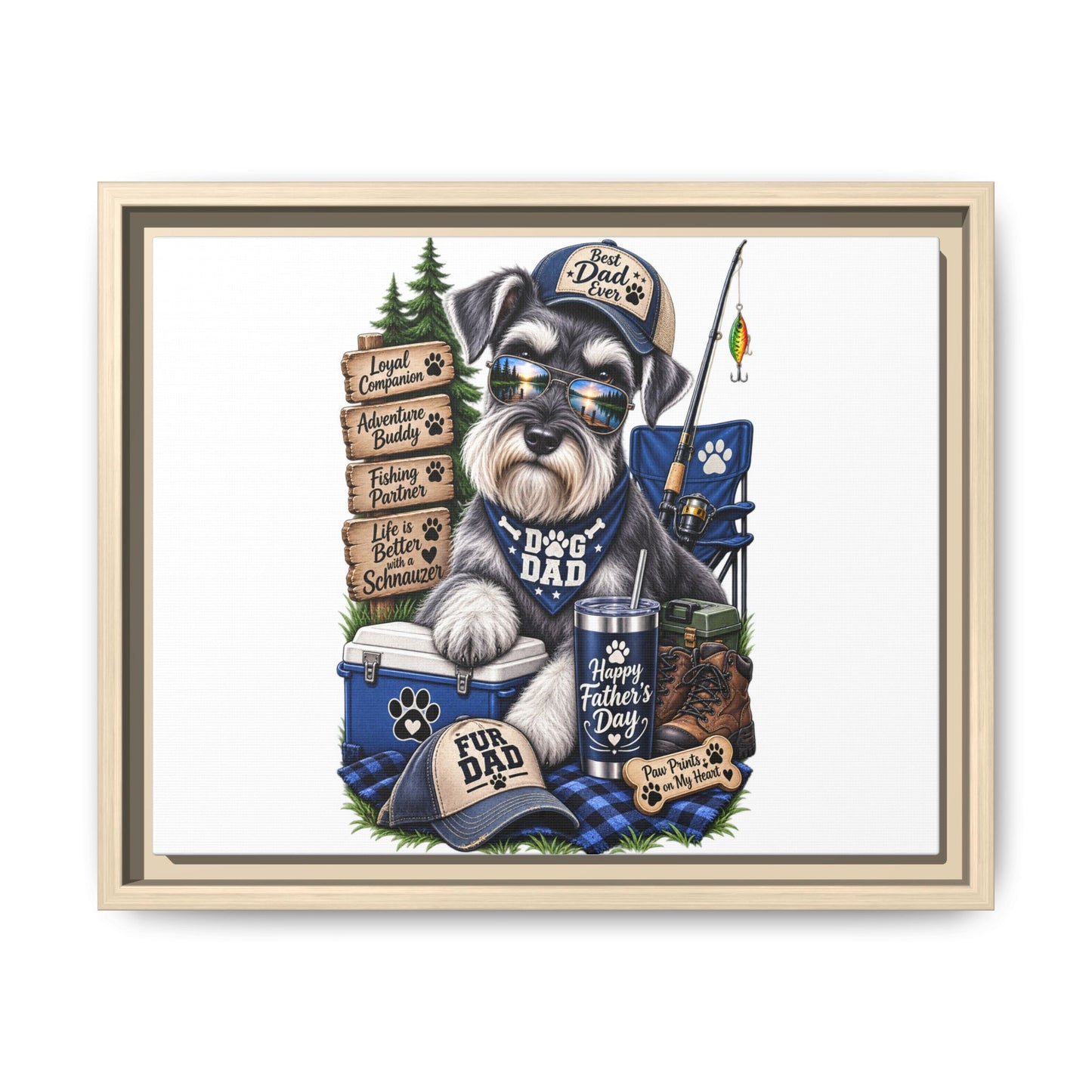 Dog Dad Schnauzer Father's Day Framed Canvas Wall Art — Fishing & Camping Pet Gift