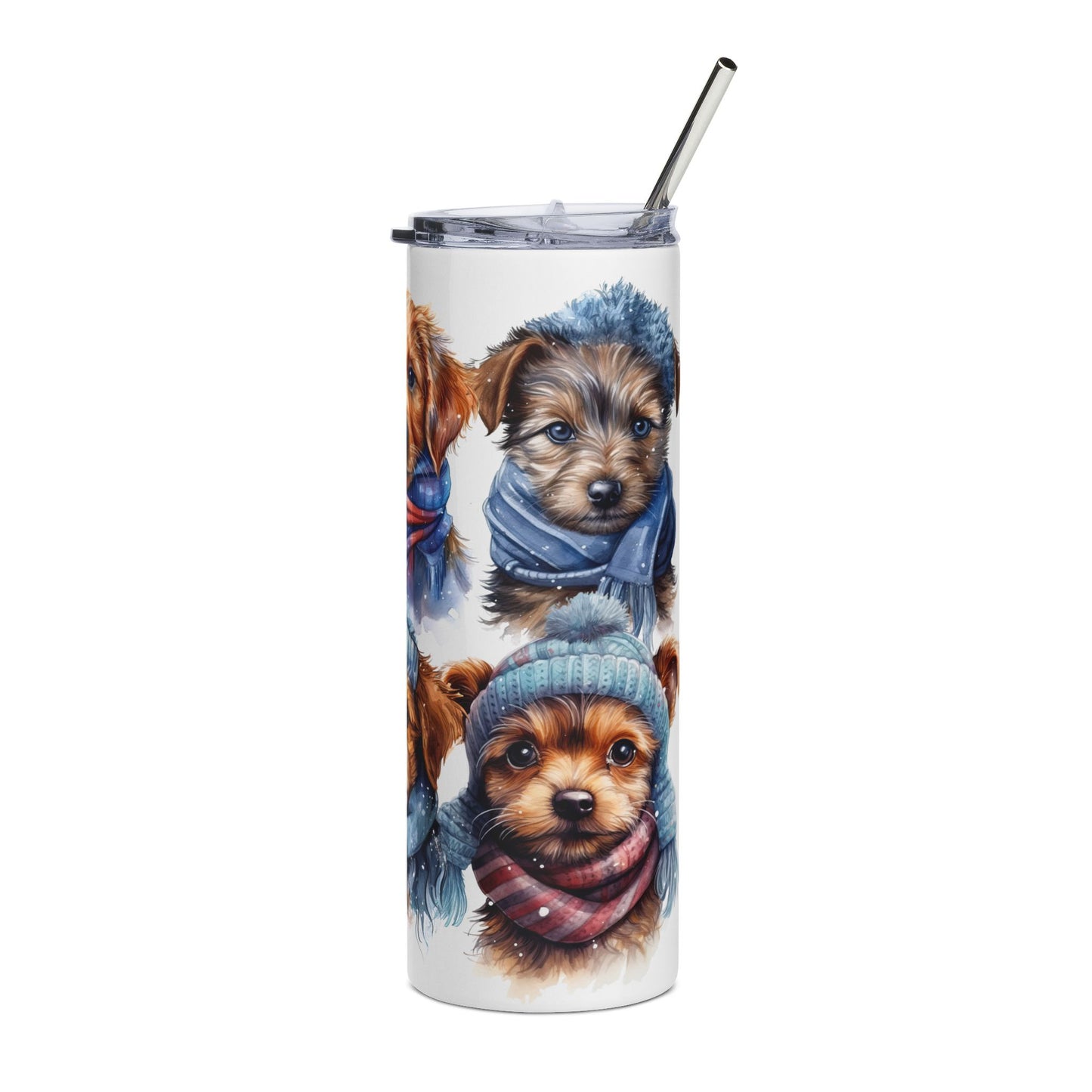 20oz Winter Puppy Stainless Steel Tumbler - Cute Dogs with Scarves & Beanies
