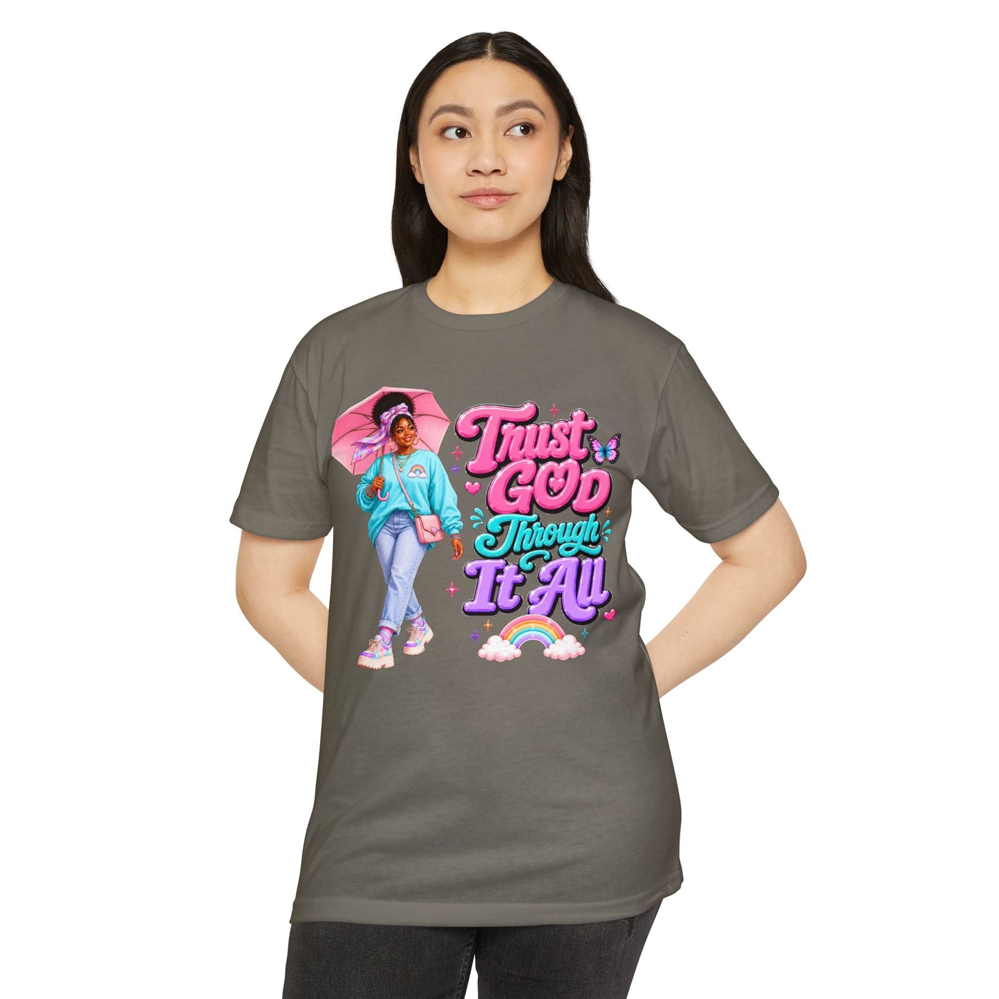 Trust God Through It All T-Shirt — Inspirational Faith Tee with Colorful Girl Illustration