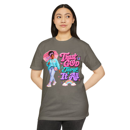 Trust God Through It All T-Shirt — Inspirational Faith Tee with Colorful Girl Illustration