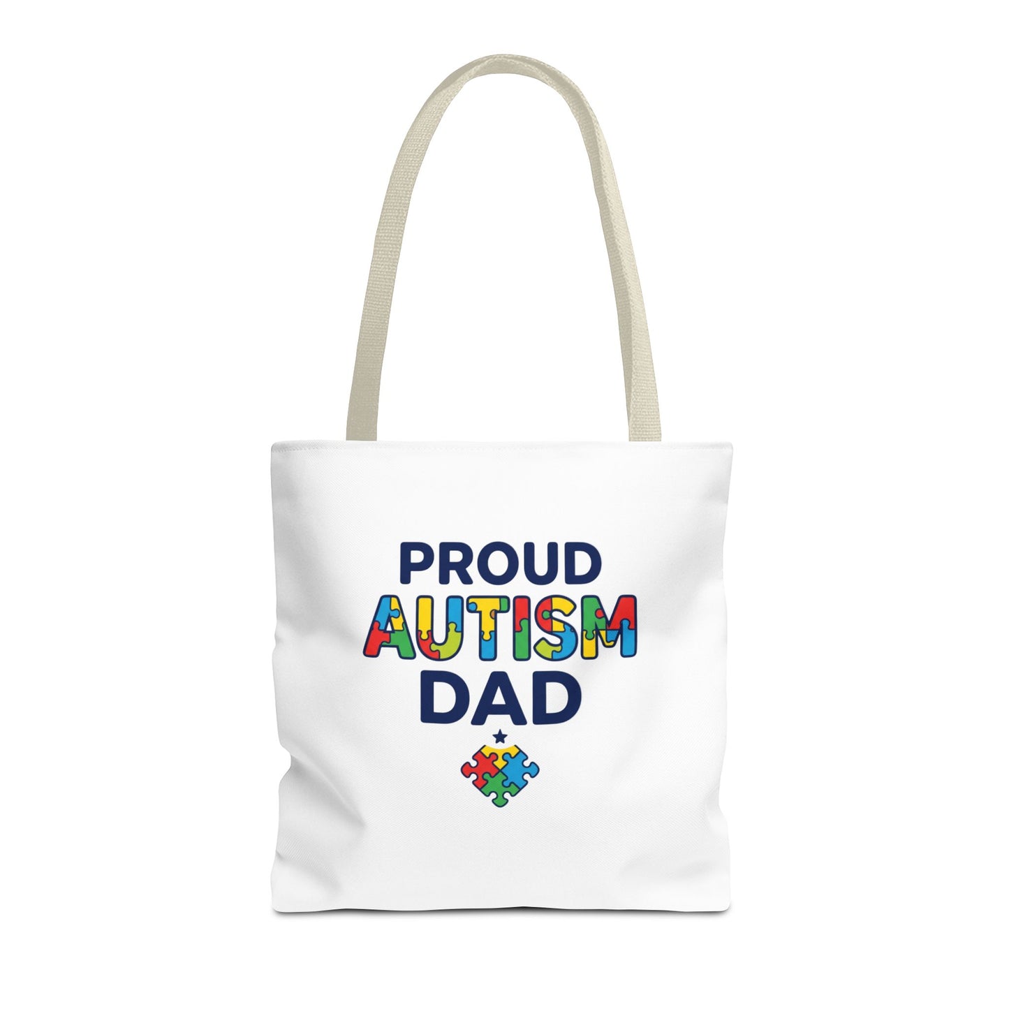 Proud Autism Dad Tote Bag — Colorful Puzzle-Heart Support Gift