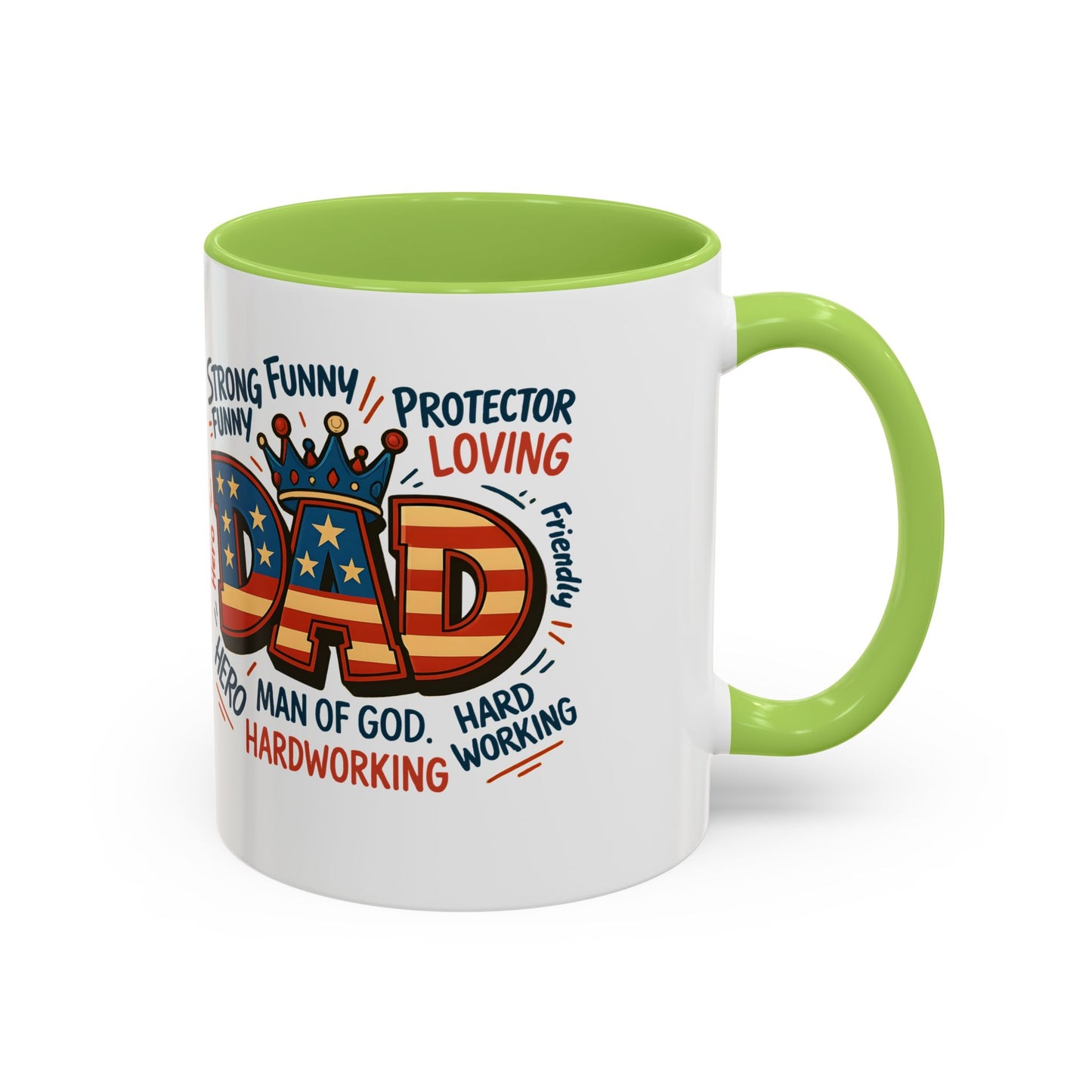 Dad Coffee Mug — Patriotic "DAD" Design with Loving, Hardworking, Protector Keywords (11/15oz Accent Mug)