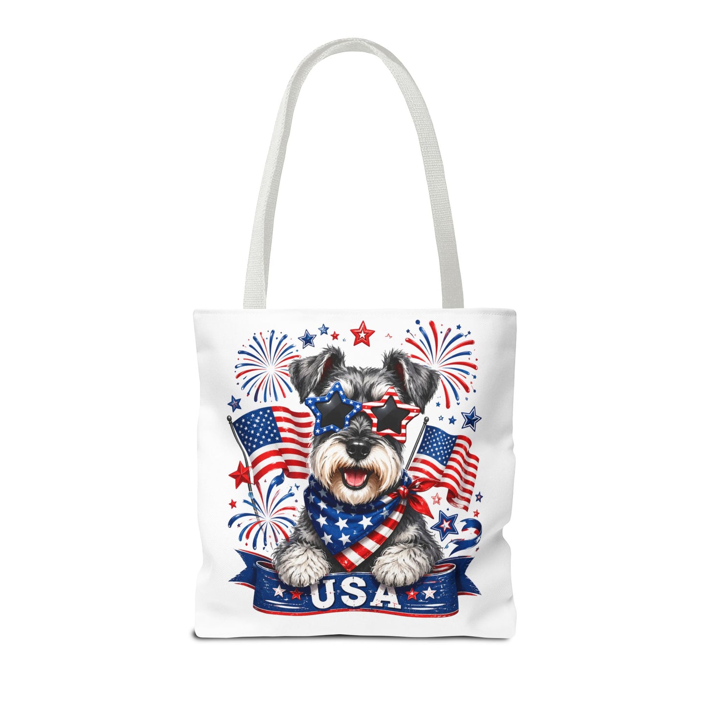 Patriotic Schnauzer Tote Bag — USA Flag Fireworks All-Over Print