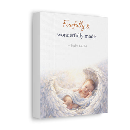 Canvas Wall Art - "Fearfully & Wonderfully Made" Baby Angel Bible Verse (Psalm 139:14) Nursery Decor