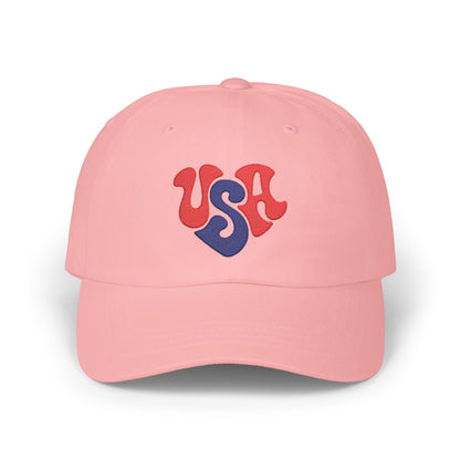 USA Heart Dad Cap — Retro Red & Blue Embroidered Baseball Hat