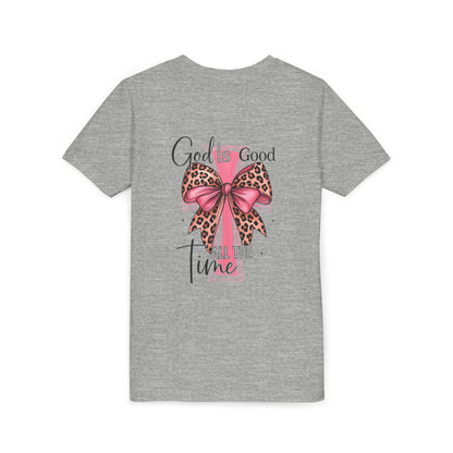 Youth Tee — "God is Good All the Time" Pink Cross with Leopard Bow