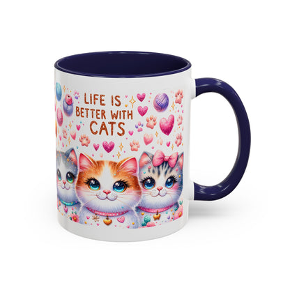 Cat Lover Accent Coffee Mug — "Life Is Better With Cats" Cute Kittens Design (11/15oz)