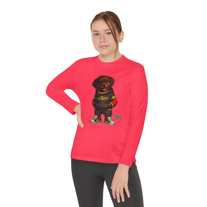 Kids Long Sleeve Tee — Brown Puppy Wearing 'Legacy' Hoodie Graphic