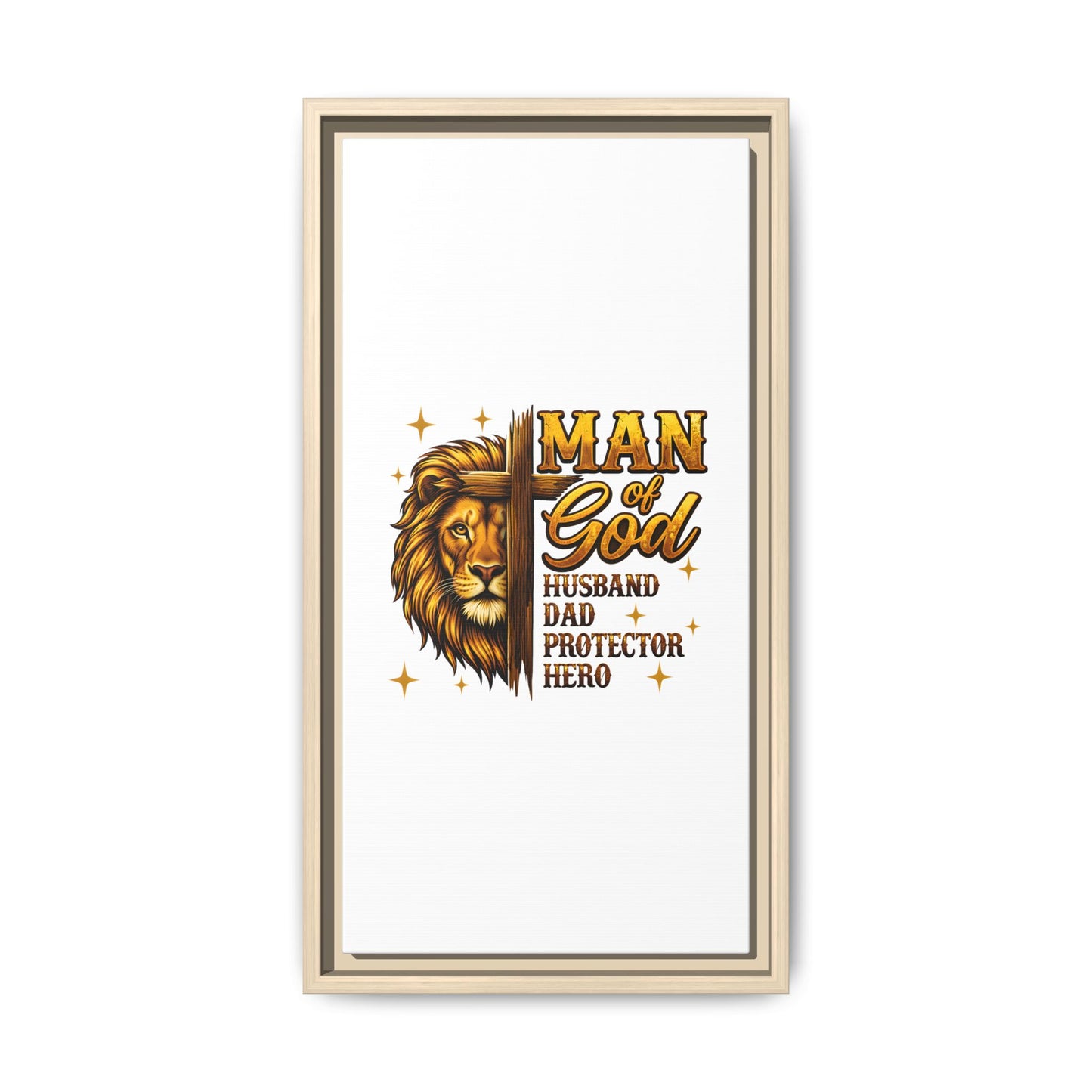 Man of God Framed Canvas Art — 'Man of God: Husband, Dad, Protector, Hero' Religious Wall Decor
