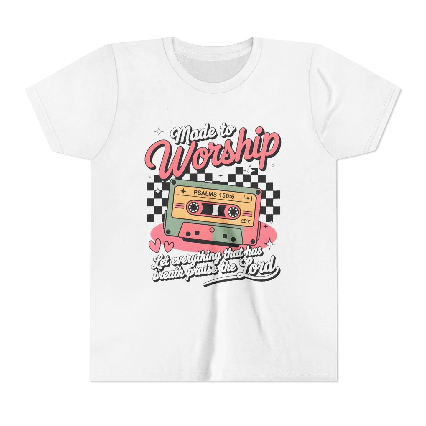 Made to Worship Youth Tee – Retro Cassette Christian Kids Shirt (Psalms 100:4)