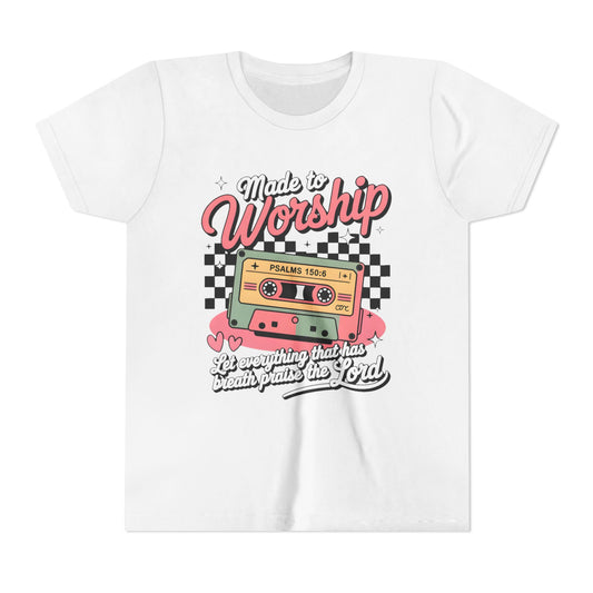 Made to Worship Youth Tee – Retro Cassette Christian Kids Shirt (Psalms 100:4)
