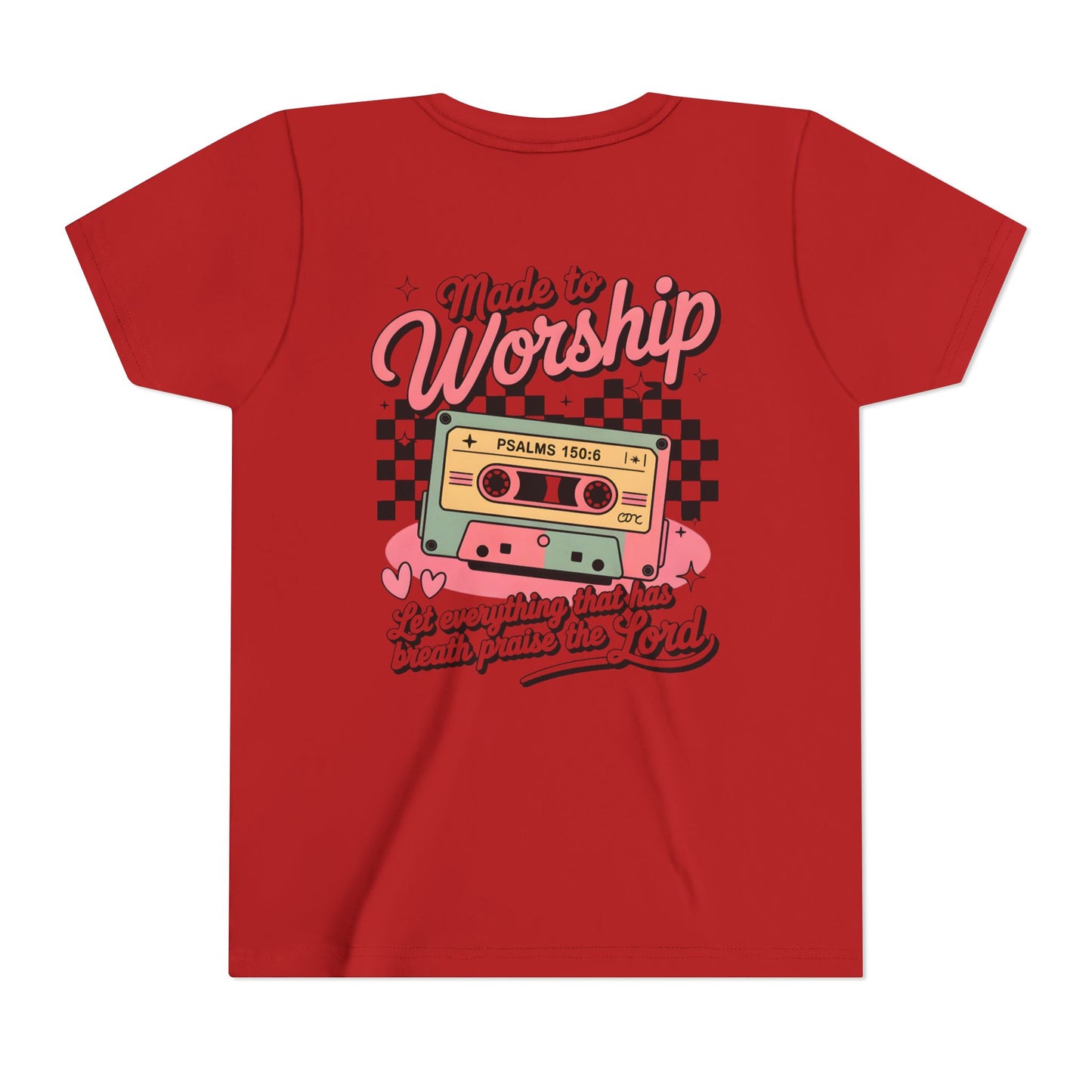 Made to Worship Youth Tee – Retro Cassette Christian Kids Shirt (Psalms 100:4)