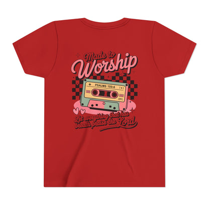 Made to Worship Youth Tee – Retro Cassette Christian Kids Shirt (Psalms 100:4)