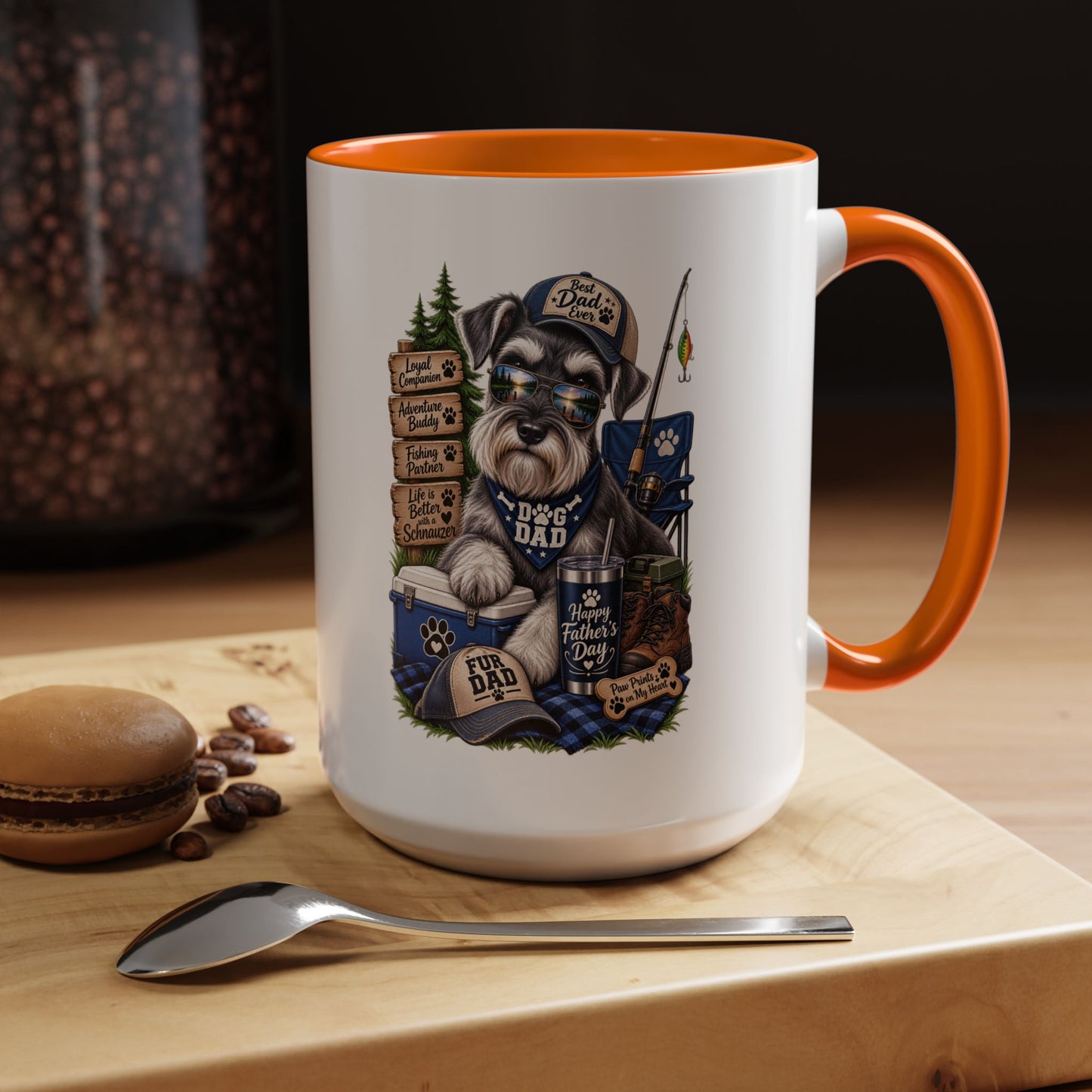 Schnauzer Dad Accent Coffee Mug – "Dog Dad" Camping Paw Print Design (11/15oz)