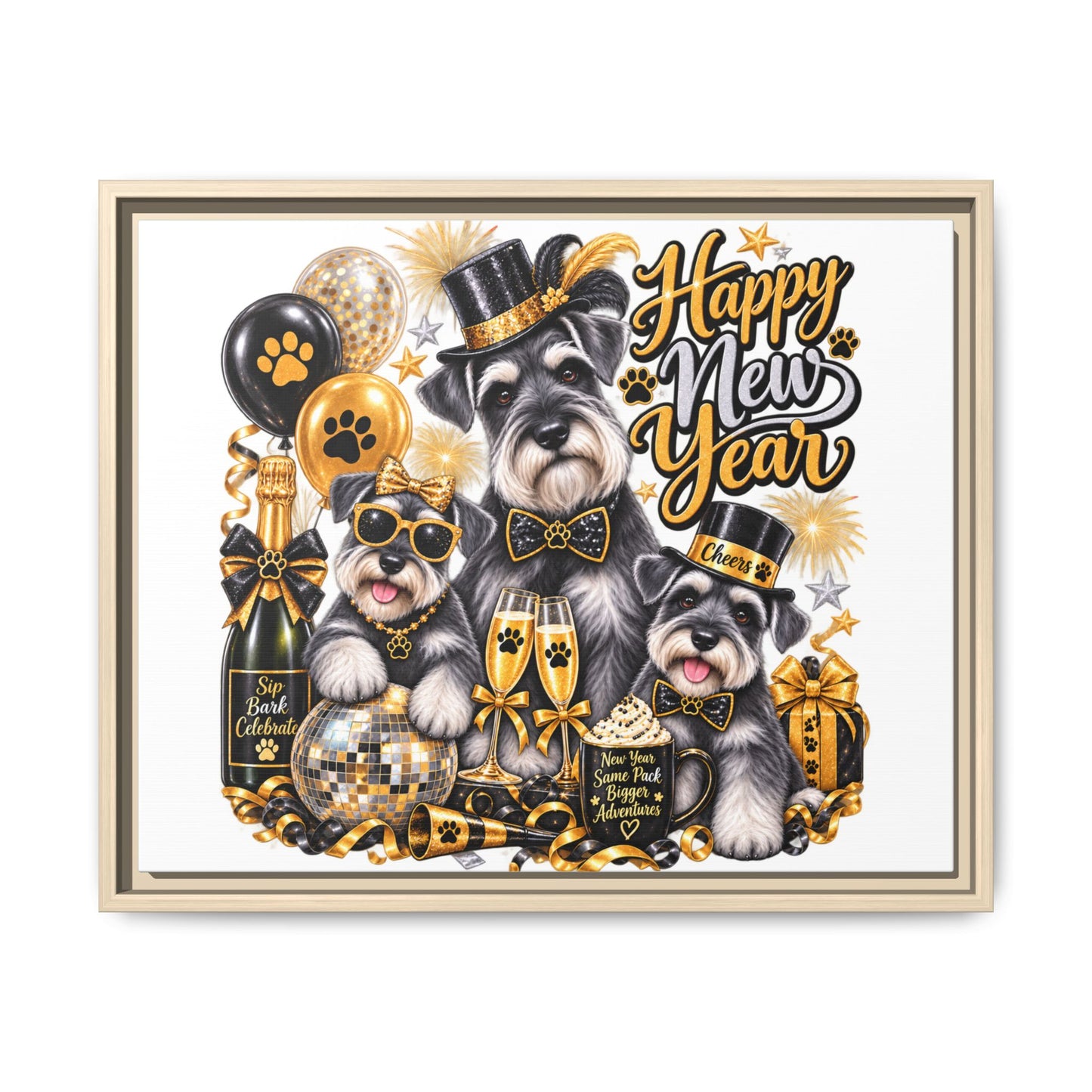 Happy New Year Schnauzer Holiday Canvas Print — Framed Matte Wall Art