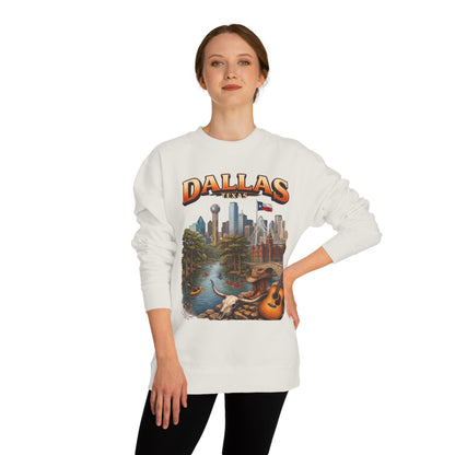 Dallas Skyline Crewneck Sweatshirt — Texas Cityscape & Acoustic Guitar Design
