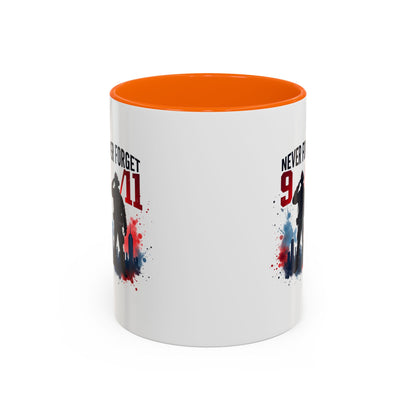 Never Forget 9/11 Accent Coffee Mug — Patriotic Memorial Tribute (11oz, 15oz)