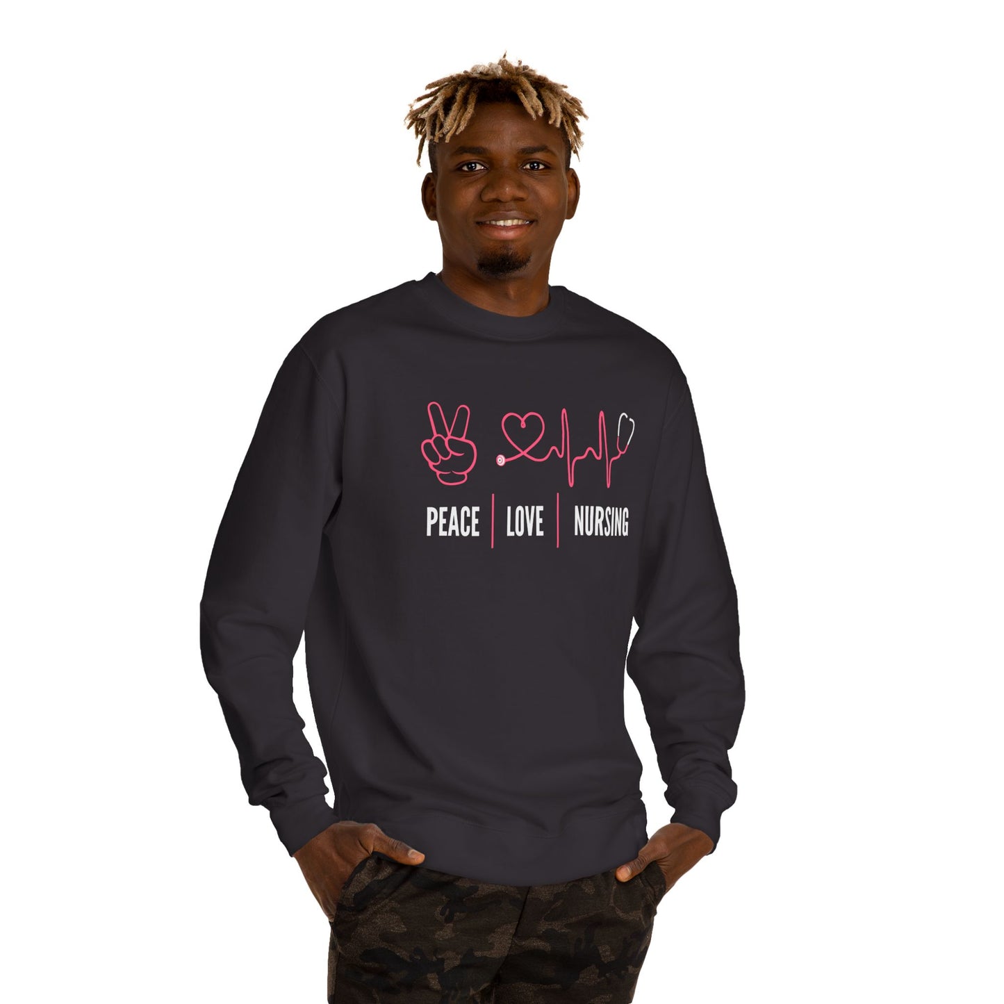 Peace Love Nursing Sweatshirt — Nurse Gifts, Heartbeat & Peace Sign Crewneck