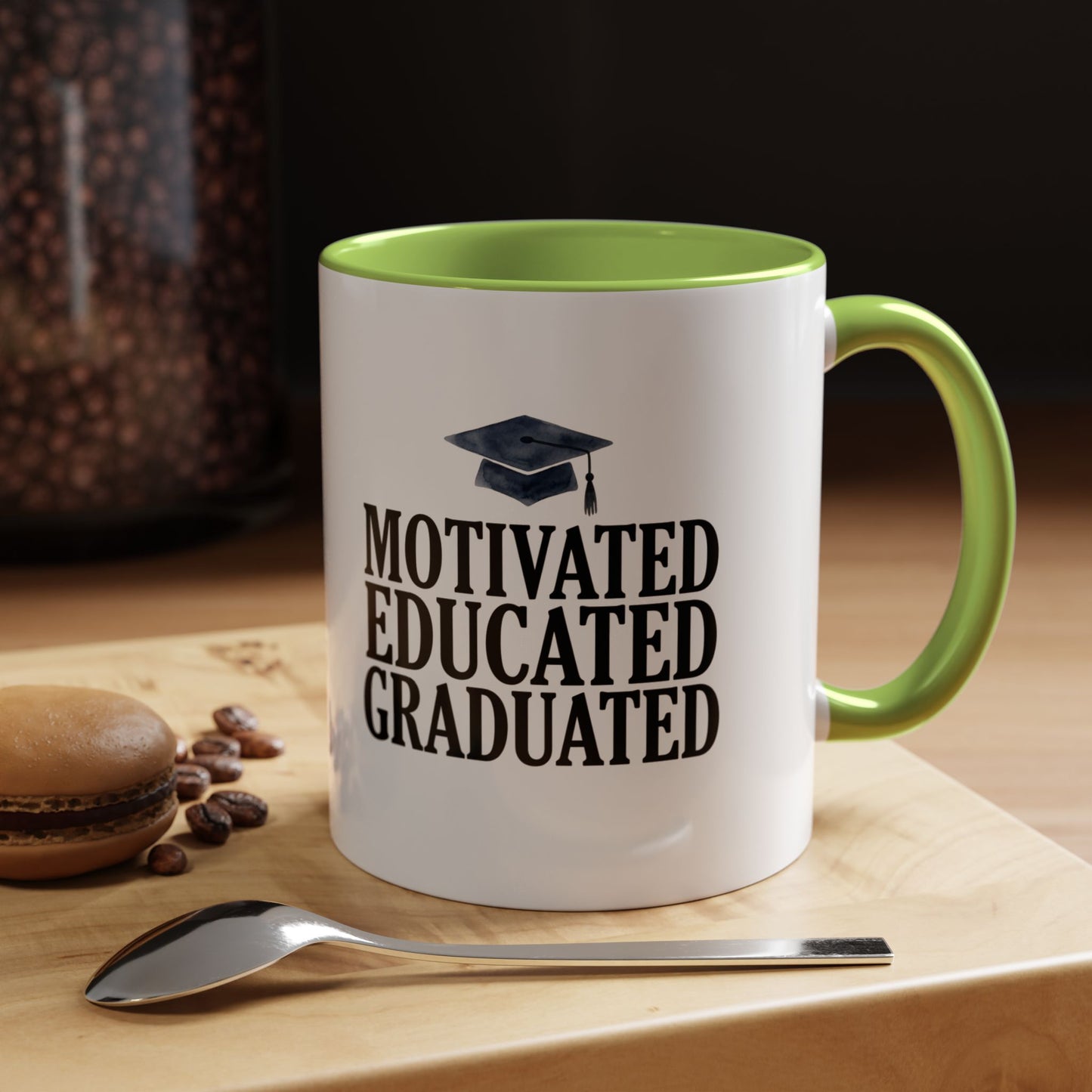 Graduation Coffee Mug – "Motivated Educated Graduated" Accent Ceramic Mug
