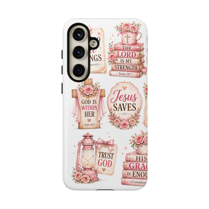 Christian Phone Case — Jesus Saves Floral Tough Case with 'God Is Within Her' & 'Trust God' Design