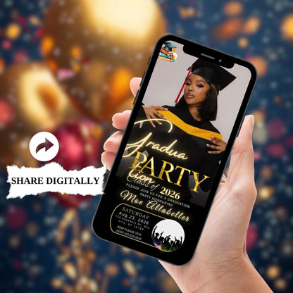 Elegant Black Mobile Graduation Invite | Editable Graduation Digital Invitation Template