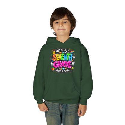 Seventh Grade Hoodie – "Watch Out Seventh Grade Here I Come" Colorful Back-to-School Youth Sweatshirt