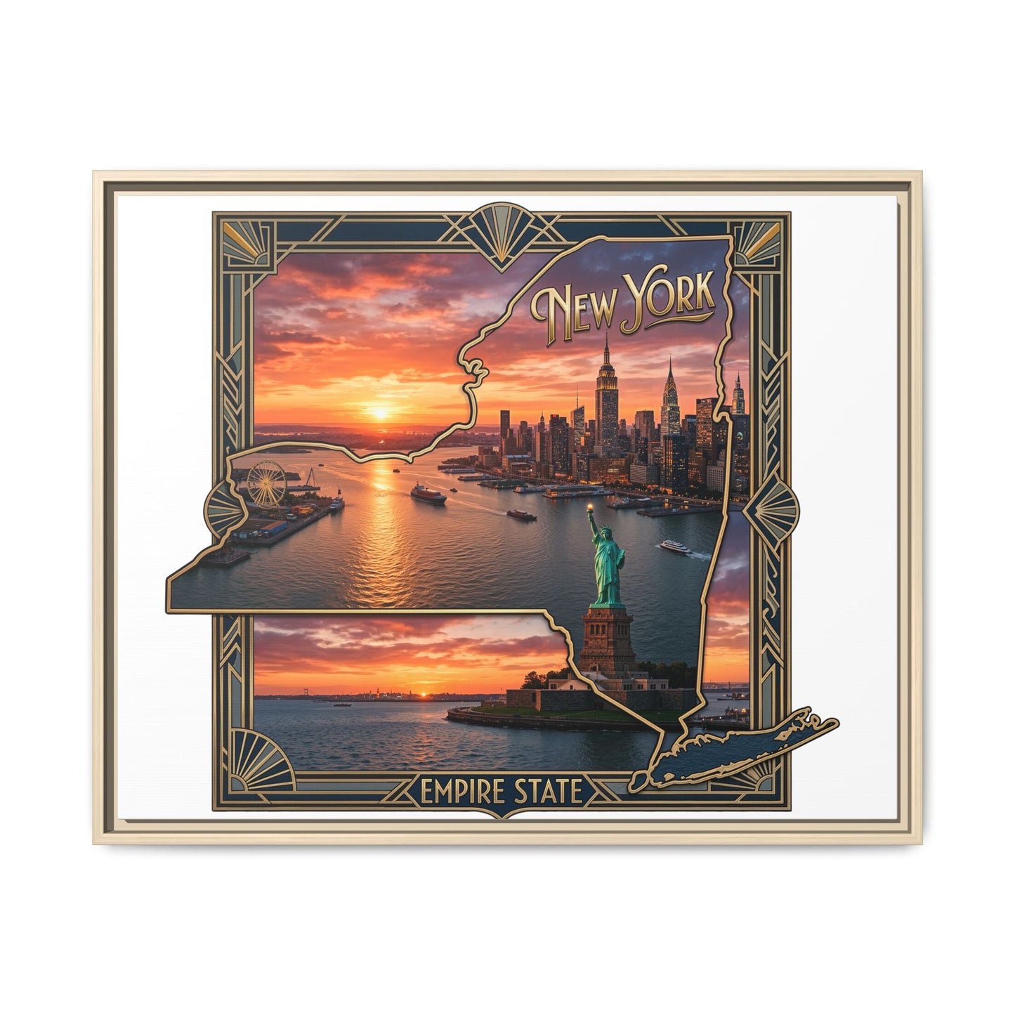 Framed Matte Canvas Wall Art — New York City Sunset Skyline with Statue of Liberty