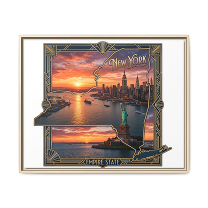 Framed Matte Canvas Wall Art — New York City Sunset Skyline with Statue of Liberty