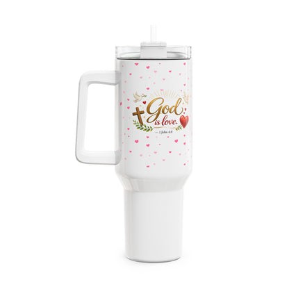 God Is Love 40oz Tumbler — Christian Faith Travel Mug with Hearts & Cross