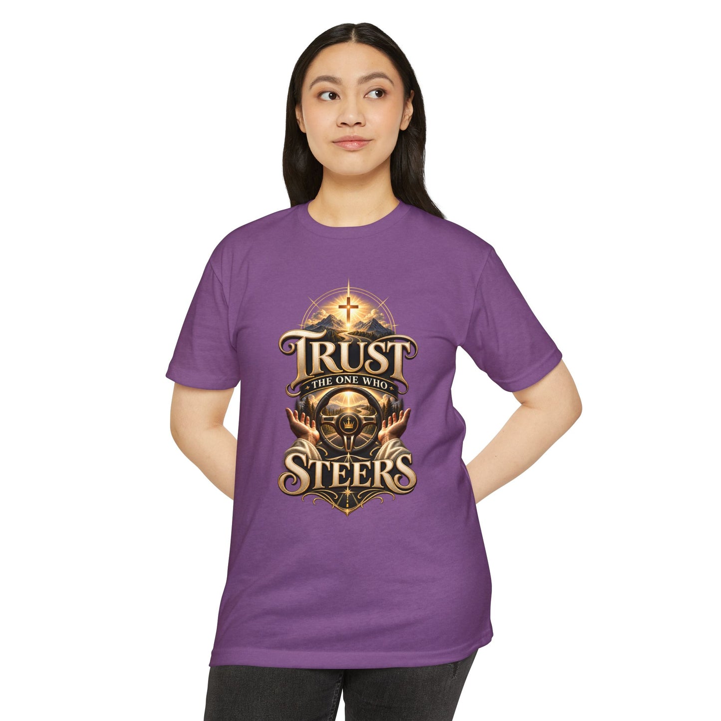 Trust He Steers T‑Shirt — Christian Faith Nautical Steering Wheel Design