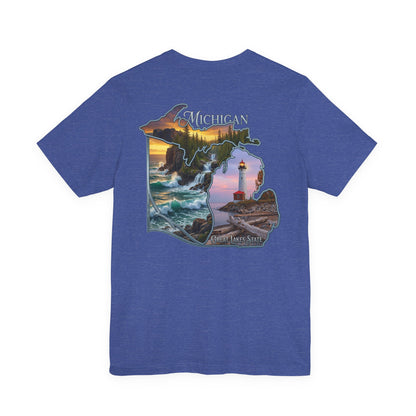 Michigan Scenic Map T-Shirt — Great Lakes Lighthouse Sunset Tee