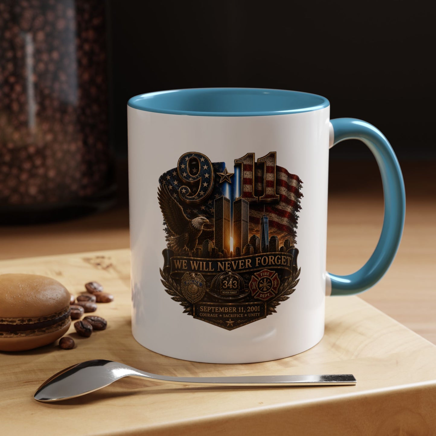 We Will Never Forget 9/11 Memorial Coffee Mug — Patriotic Tribute Accent Mug
