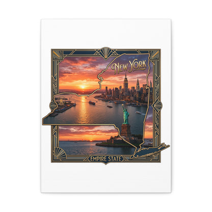 New York Sunset Stretched Canvas – Empire State Skyline with Statue of Liberty