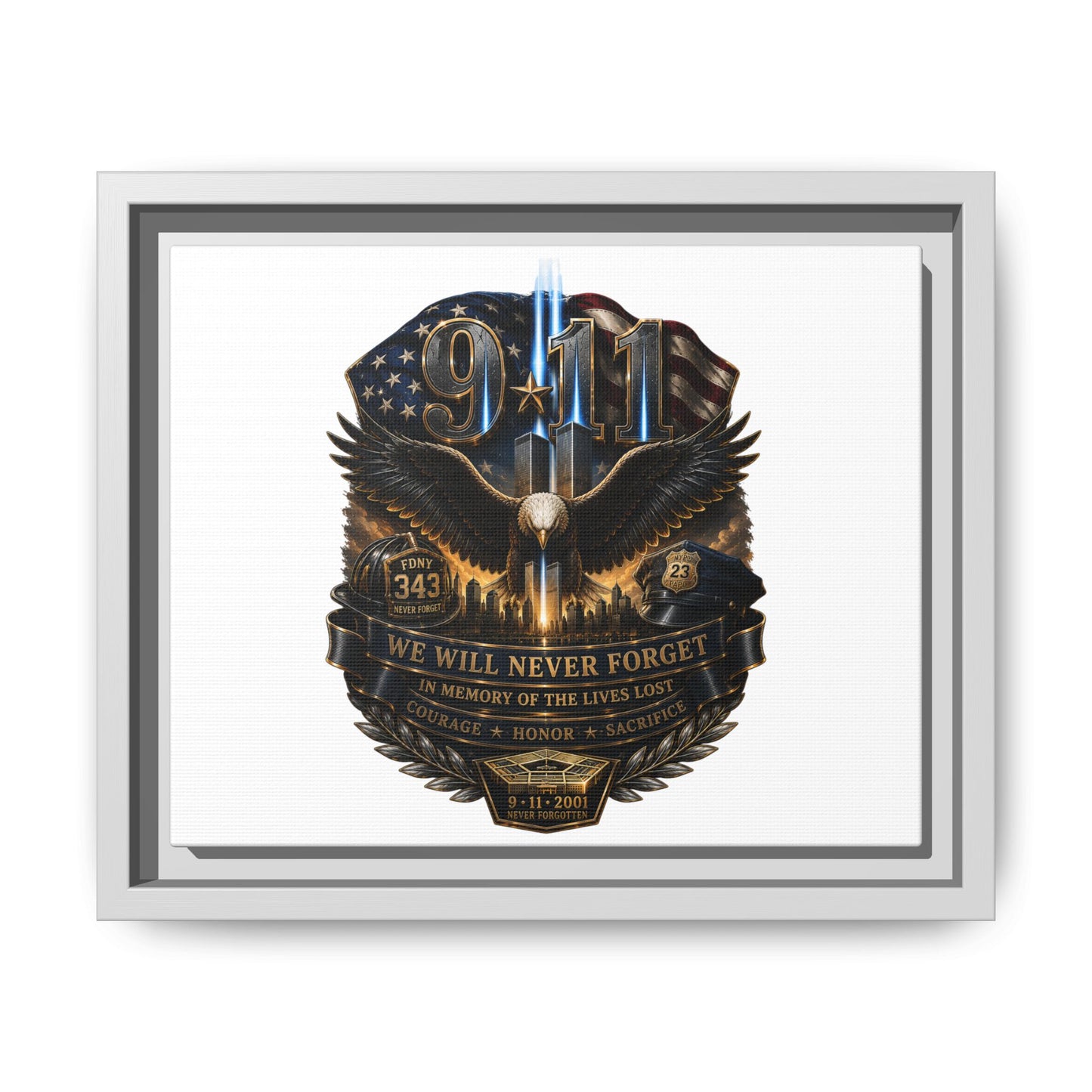 9/11 We Will Never Forget Matte Framed Canvas - Memorial Tribute Wall Art