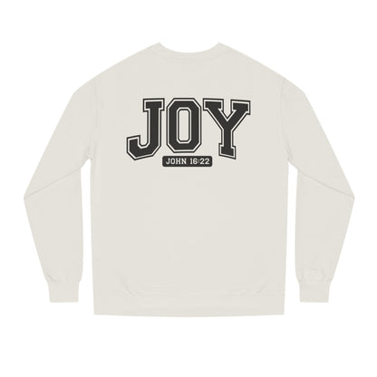 JOY Crewneck Sweatshirt — Bold Collegiate Faith Design (John 16:22)