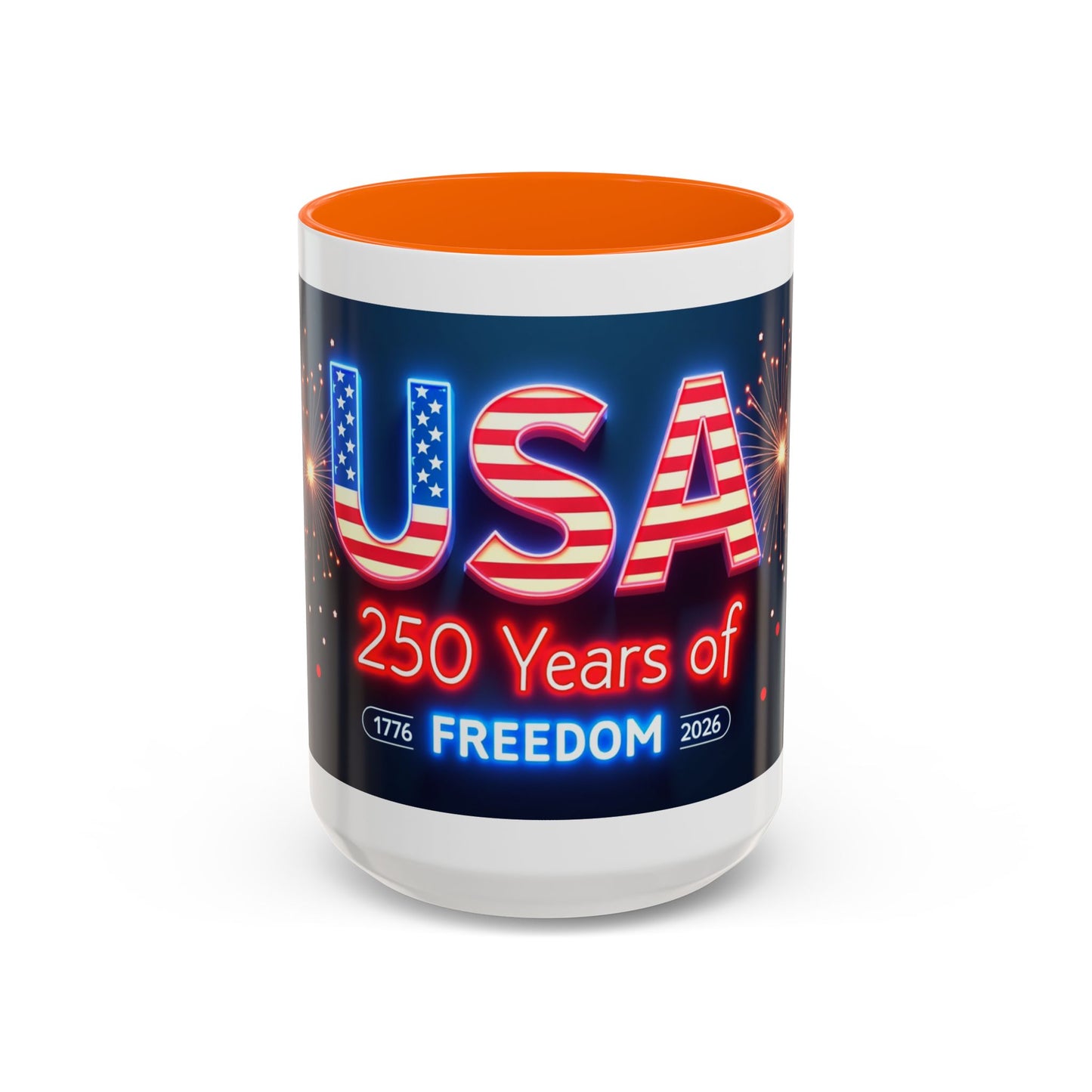 USA 250 Years of Freedom Accent Coffee Mug — Patriotic 1776–2026 Fireworks Design (11/15oz)