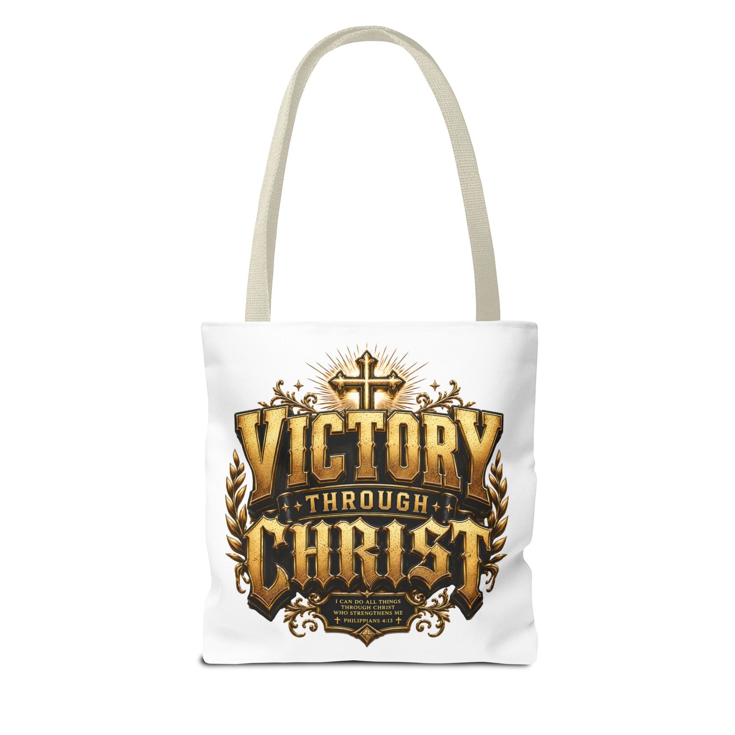 Victory Through Christ Tote Bag — Inspirational Christian Canvas Tote