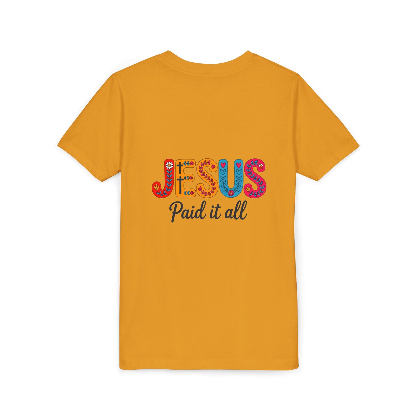 Youth Tee — "Jesus Paid It All" Colorful Faith Graphic