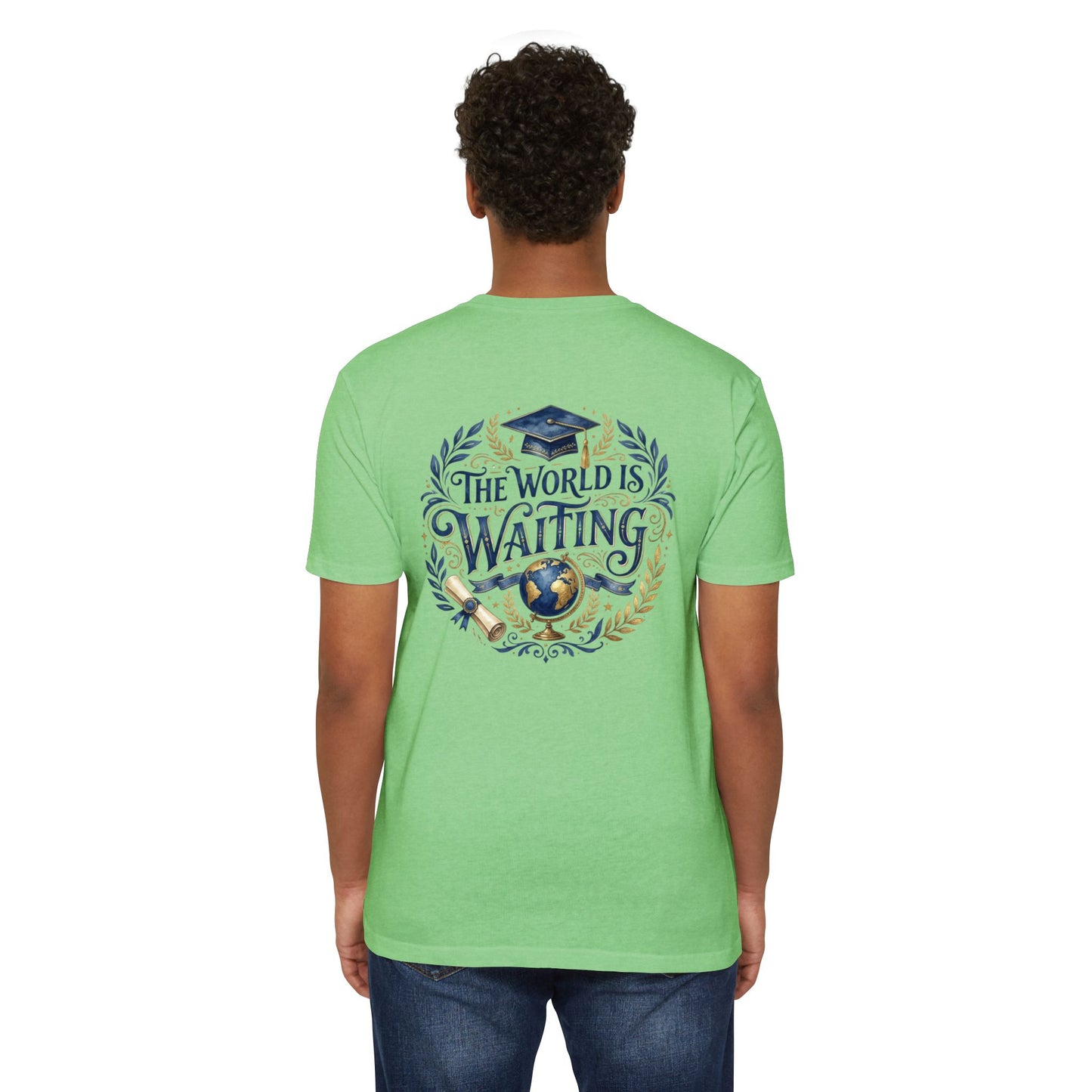 Graduation T-Shirt - "The World Is Waiting" Cap & Globe Design