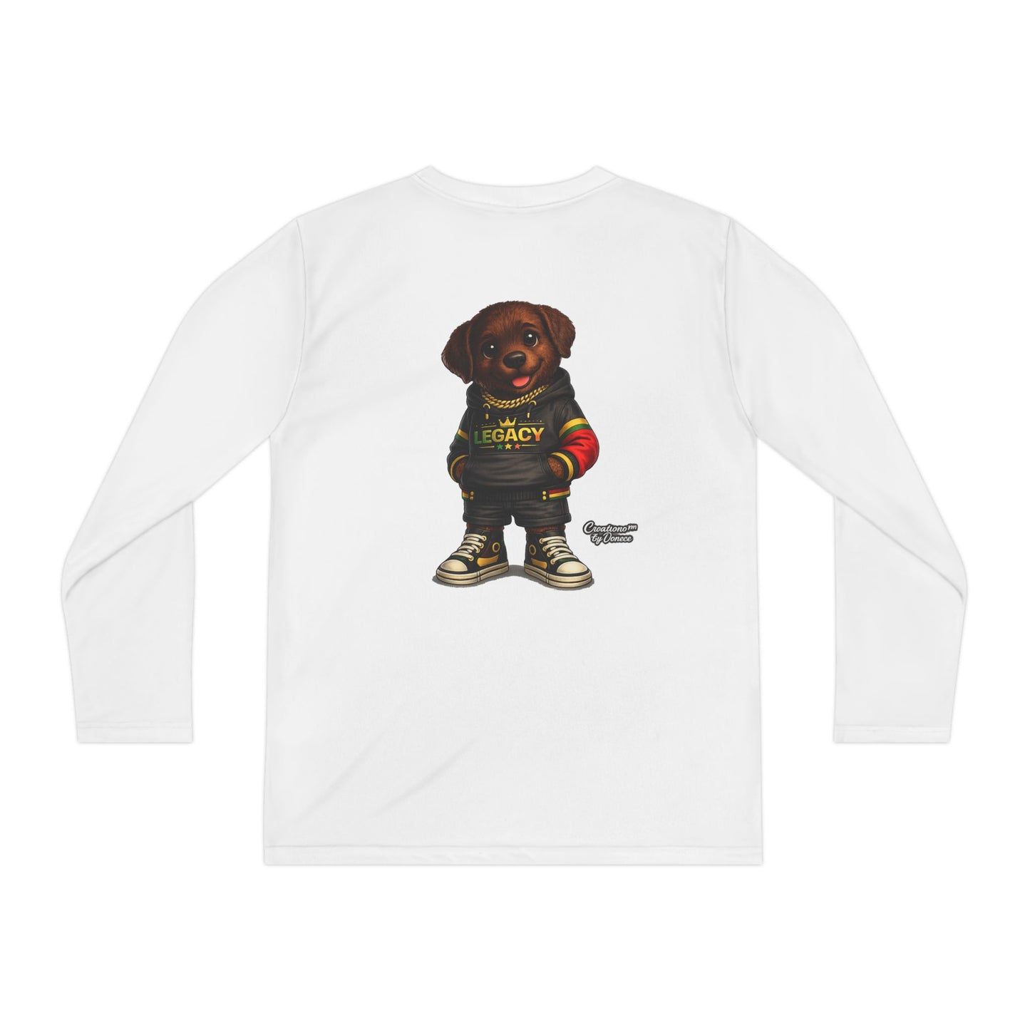 Kids Long Sleeve Tee — Brown Puppy Wearing 'Legacy' Hoodie Graphic