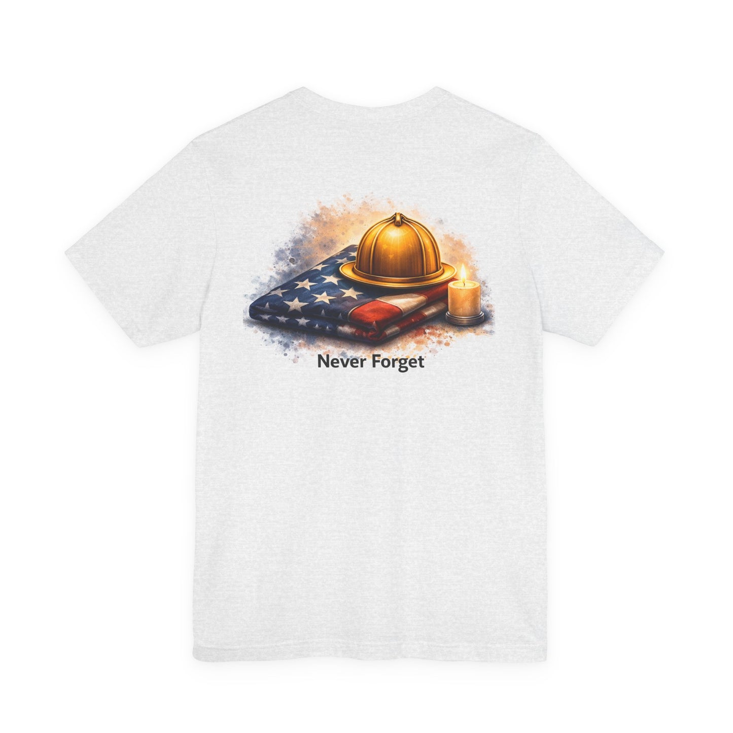 Never Forget Memorial T‑Shirt — Firefighter Helmet & Flag Tribute