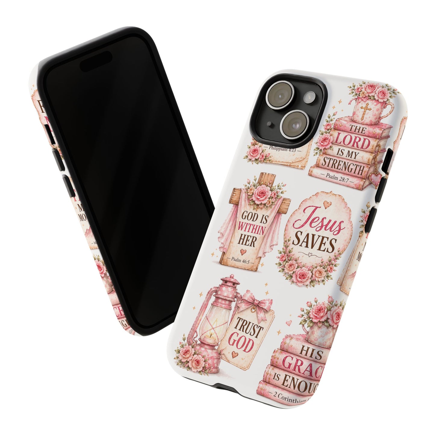 Christian Phone Case — Jesus Saves Floral Tough Case with 'God Is Within Her' & 'Trust God' Design