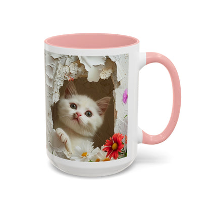 Peek-A-Boo Kitten Accent Coffee Mug — Cute Cat Floral Design (11/15oz)